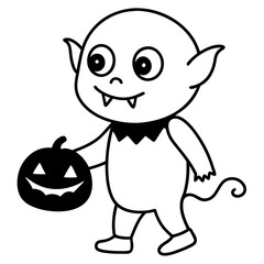 Baby Monster trick or treating with tiny fangs line art vector illustration