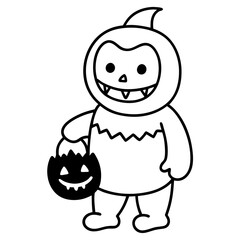 Baby Monster trick or treating with tiny fangs line art vector illustration