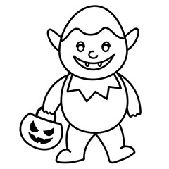 Baby Monster trick or treating with tiny fangs line art vector illustration