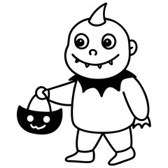 Baby Monster trick or treating with tiny fangs line art vector illustration