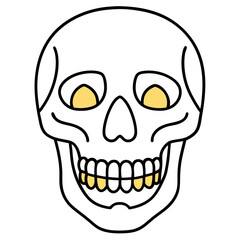 Brightly decorated skull with golden teeth line art vector illustration