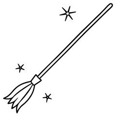 Broomstick with magical sparkles line art vector illustration 