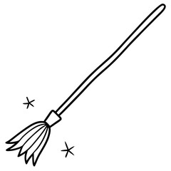 Broomstick with magical sparkles line art vector illustration 