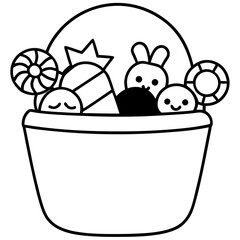 Candy bucket filled with halloween treats line art vector illustration