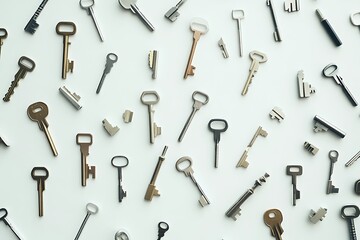 Naklejka premium Keys flat lay assortment on white background. Security, access and secrets concept. Variety of keys