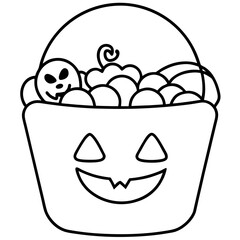 Candy bucket filled with halloween treats line art vector illustration