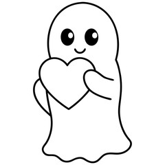 Cartoon ghost holding a heart line art vector illustration