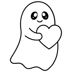 Cartoon ghost holding a heart line art vector illustration