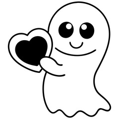 Cartoon ghost holding a heart line art vector illustration