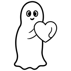 Cartoon ghost holding a heart line art vector illustration