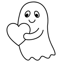 Cartoon ghost holding a heart line art vector illustration