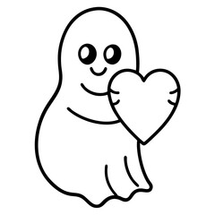 Cartoon ghost holding a heart line art vector illustration
