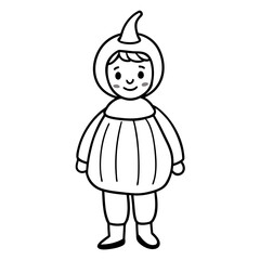 Child dressed as a pumpkin for halloween line art vector illustration