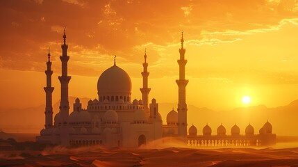 Majestic Mosque at Sunset: Illuminated Islamic Architecture Silhouette Over Desert Landscape with Mystical Evening Glow