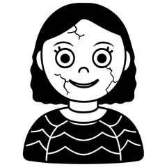 Creepy doll with a cracked face line art vector illustration