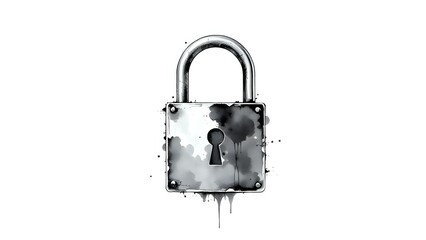 black and white ink splash illustration of a metal padlock with keyhole, artistic and vintage mysterious concept 