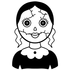Creepy doll with a cracked face line art vector illustration