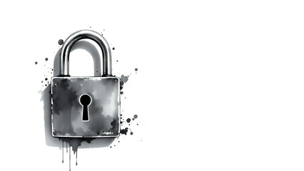 black and white ink splash illustration of a metal padlock with keyhole, artistic and vintage mysterious story telling concept 