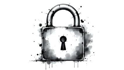 black and white ink splash illustration of a metal padlock with keyhole, artistic and vintage mysterious concept 