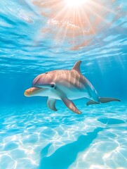 Obraz premium Dolphin swimming ocean sunlight.