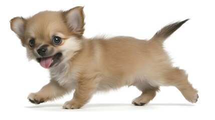 Obraz premium Playful Chihuahua Puppy Running Joyfully with a Happy Expression on a White Background