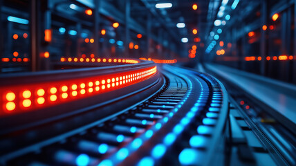 Obraz premium Dynamic Industrial Conveyor Belt with Blue and Red Lighting for a Futuristic Warehouse Feel