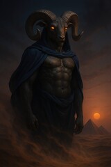 Photorealistic depiction of Amon with a ram’s head, standing in the vast Egyptian desert during sunset. His blue cloak flows with the desert wind, and glowing golden eyes pierce the twilight. A fusion