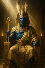 A hyper-realistic image of Amon seated on an ornate golden throne within a grand ancient Egyptian temple. Clad in flowing royal robes with cosmic symbols and wearing a tall feathered headdress