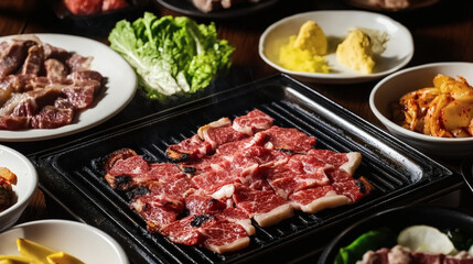 Fresh Raw Marbled Beef Meat Cuts with Herbs on Black Slate