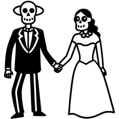 Day of the dead couple holding hands line art vector illustration
