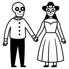 Day of the dead couple holding hands line art vector illustration