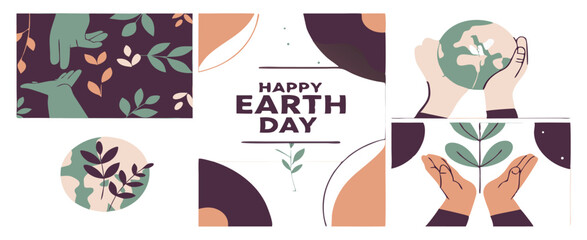 Naklejka premium Happy Earth Day! Vector modern trendy illustrations of ecology, environmental protection and conservation, hands holding planet earth, leaves, plants and geometric pattern for poster or greeting card