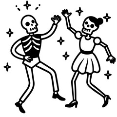 Festive skeletons dancing in bright costumes line art vector illustration