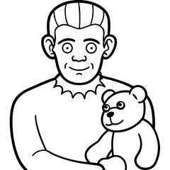 Frankenstein's monster holding a teddy bear line art vector illustration 