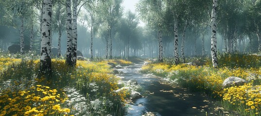  A serene meadow surrounded by tall trees, with wildflowers in full bloom and the distant sound of a river flowing through the landscape. 