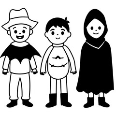 Group of kids in different halloween costumes vector illustration 