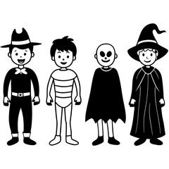 Group of kids in different halloween costumes vector illustration 