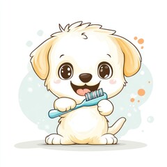 Cute dog brushing teeth.  Happy puppy holding toothbrush