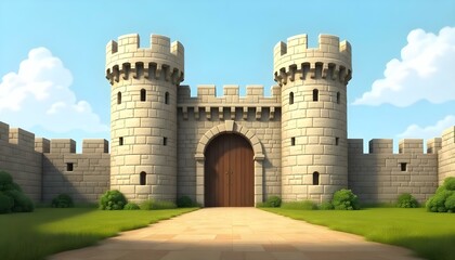A digital artwork of a medieval castle entrance under a clear sky. The castle is constructed from light-colored stone blocks, featuring two cylindrical towers on either side of a central gatehouse