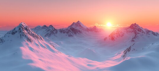  A serene mountain landscape at dawn, the peaks covered in snow and the valley below bathed in the soft light of the rising sun. 