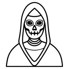 Vector illustration of a woman with long hair, wearing a mask, and a skull tattoo, designed in a cartoon style for Halloween