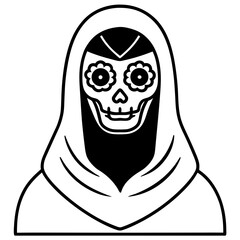Vector illustration of a woman with long hair, wearing a mask, and a skull tattoo, designed in a cartoon style for Halloween