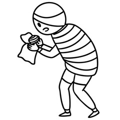 Mummy struggling to unwrap a candy bar line art vector illustration 