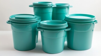 Teal green plastic buckets with handle and lid. Vector mockup of a food or building mixtures packaging. A bucket of paint or putty. Small, medium and large sizes	
