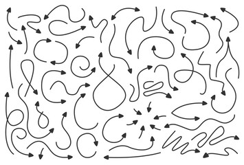 Hand drawn arrows and sketch doodle style curved arrows collection flat vector illustration.