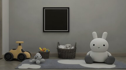 Minimalist Child's Playroom Featuring Soft Bunny Decor and Colorful Storage Baskets