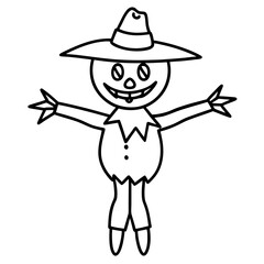 Pumpkin headed scarecrow with a happy face line art vector illustration 