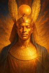 An ultra-detailed close-up of Amon-Ra, god of the sun and sky, with luminous golden skin and a sun disk headdress crowned by ostrich feathers. His expression reflects divine wisdom and solar might. Th