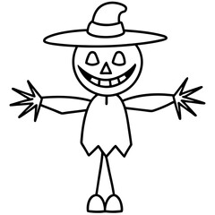 Pumpkin headed scarecrow with a happy face line art vector illustration 