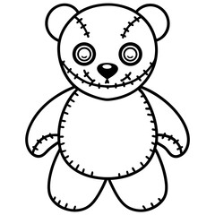 Scary stitched up teddy bear line art vector illustration 
